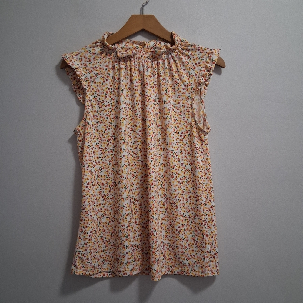 Adrianna Papell Floral Ditsy High Neck Ruffle Blouse Size Small